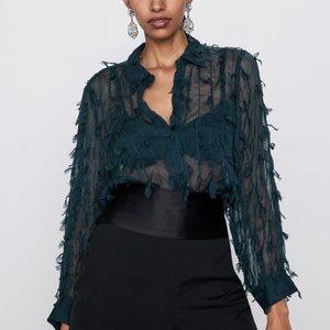 Zara Emerald Green Teal Sheer Fringed Blouse